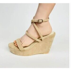 Altar'd State Faux Suede Ankle Strap Wedges-Size 8-Adjustable Strap-Tan-Open Toe